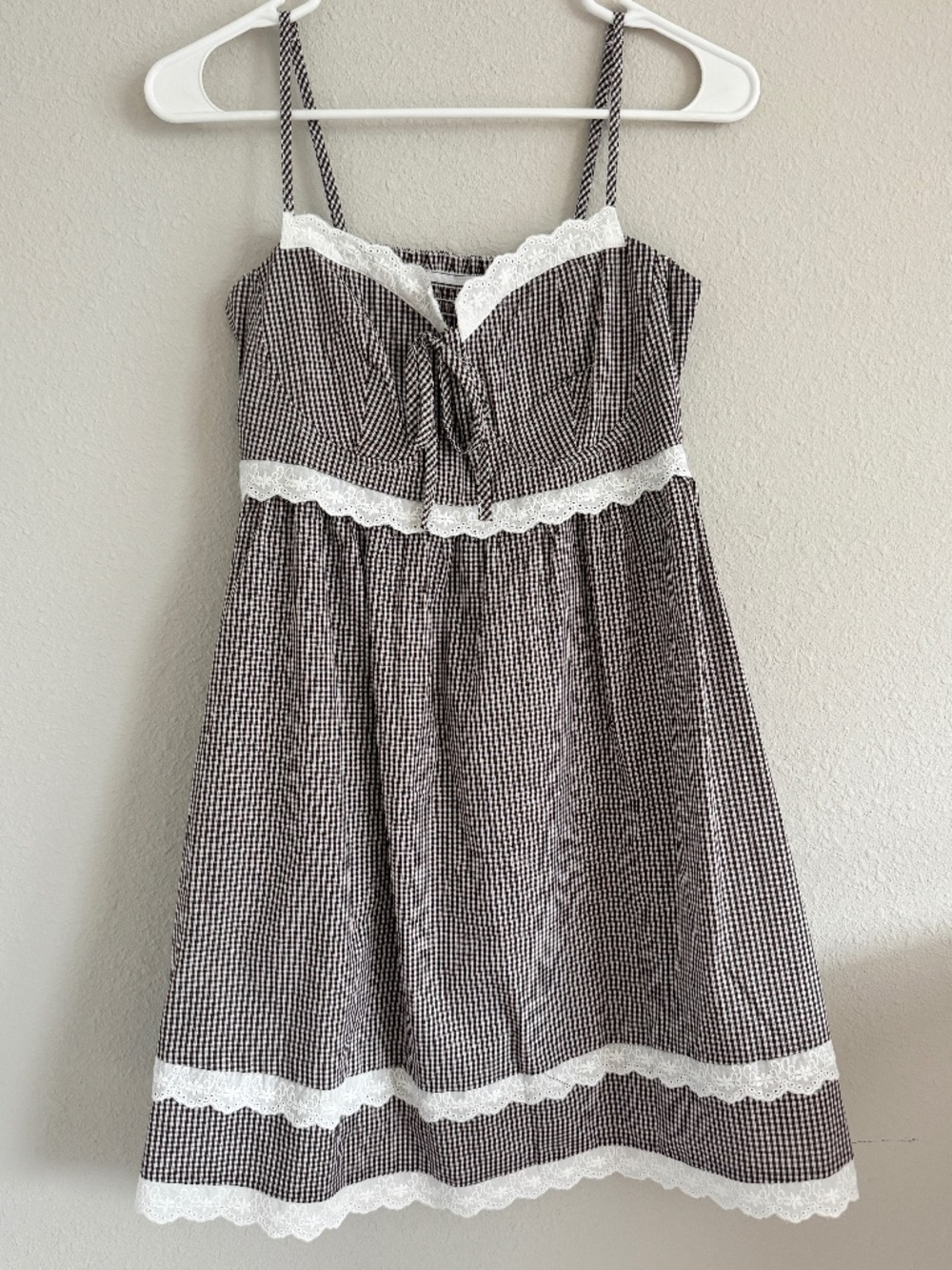 Brown Gingham Lace Babydoll Mini Dress Coquette Cottagecore Small